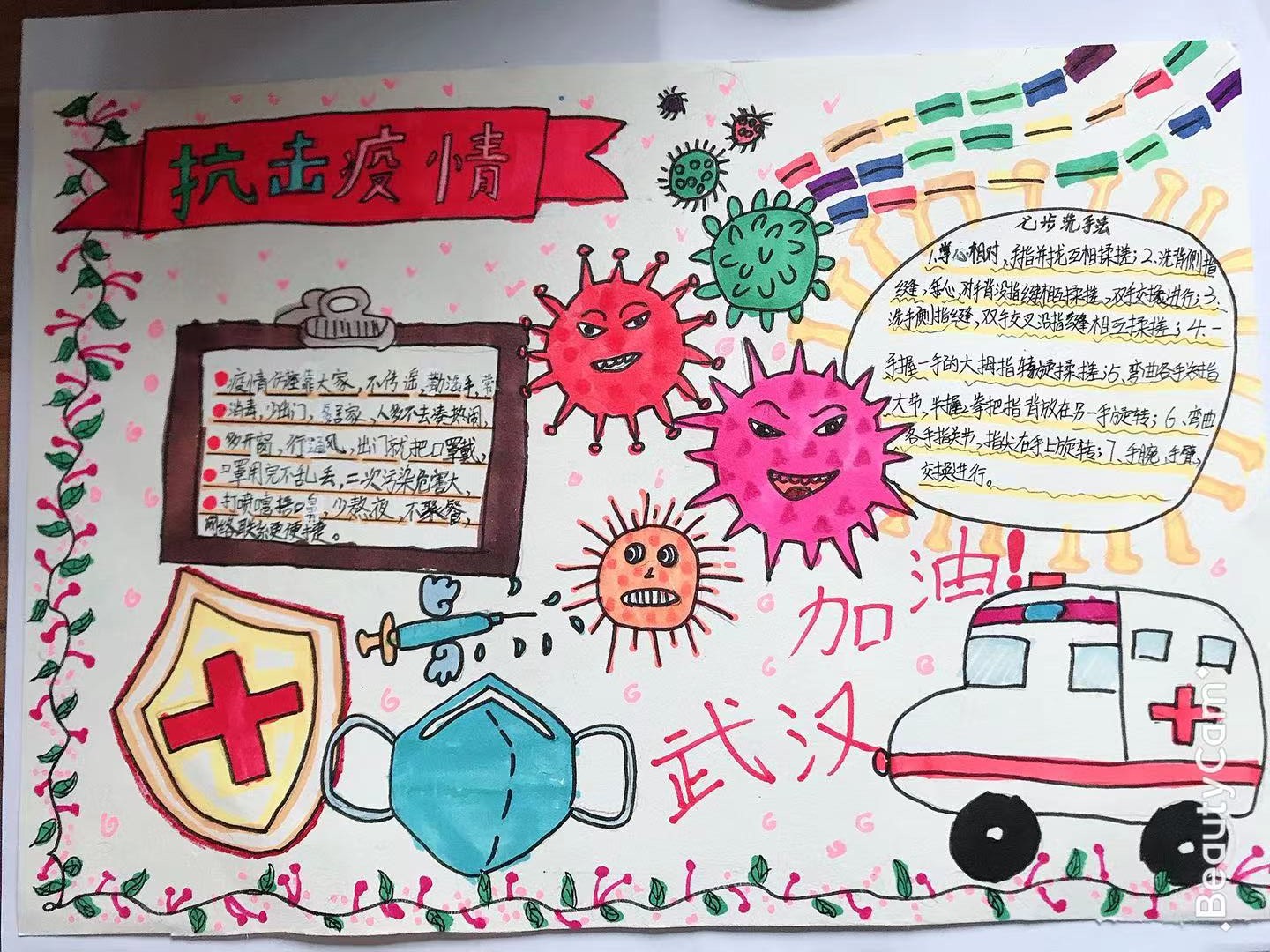 10，少儿组，谢美熙，白果林小学校，面对疫情我们要科学面对，从自我做起，勤洗手、不出门、多运动，共同战胜病毒。.jpg